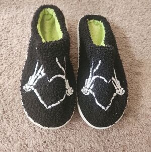 Teen Black Fuzzy Slip-On Slippers with White Skeleton Design